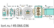 Concept of smart home and control device. Technology device, system mobile automation monitoring energy power electricity efficiency, equipment temperature, remote thermostat. Smart house illustration. Стоковая иллюстрация, агентство Ingram Publishing / Фотобанк Лори