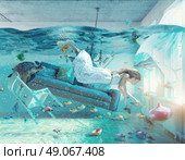 an underwater view in the flooding interior and young woman . 3d concept. Стоковое фото, агентство Ingram Publishing / Фотобанк Лори