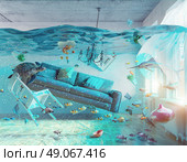 an underwater view in the flooding interior. 3d concept. Стоковое фото, агентство Ingram Publishing / Фотобанк Лори