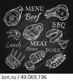 Retro Meat Menu Icons On Chalkboard. Retro meat menu icons on chalkboard with lamb chops sausage wieners pork ham skewers gastronomic products isolated vector illustration. Стоковая иллюстрация, агентство Ingram Publishing / Фотобанк Лори
