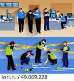 Working Policeman People  Horizontal Banners Compositions. Horizontal banners compositions of  policeman people in office and criminalists working outside flat shadow vector illustration. Стоковая иллюстрация, агентство Ingram Publishing / Фотобанк Лори
