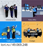 Policeman People 2x2 Design Compositions. Policeman people 2x2 design compositions of traffic police  criminal arrest police office and firefight flat shadow vector illustration . Стоковая иллюстрация, агентство Ingram Publishing / Фотобанк Лори