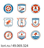 Lifeguard Emblems Set. Beach lifeguard patrol emblems set with ocean rescue symbols flat isolated vector illustration . Стоковая иллюстрация, агентство Ingram Publishing / Фотобанк Лори