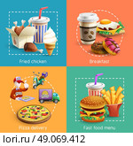 Fastfood 4 Cartoon Icons Square Composition. Fast food restaurant breakfast menu with pizza delivery service 4  icons square composition banner cartoon vector illustration. Стоковая иллюстрация, агентство Ingram Publishing / Фотобанк Лори