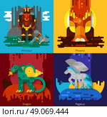 Mythical Creatures Minotaur Dragon Phoenix Pegasus. Four flat mythical creatures with minotaur and dragon and phoenix and pegasus set vector illustration. Стоковая иллюстрация, агентство Ingram Publishing / Фотобанк Лори