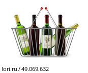 Metallic Shopping Basket With Wine Pictogram. Chrome plated wire metal double handles square shopping basket with wine bottles realistic image pictogram vector illustration. Стоковая иллюстрация, агентство Ingram Publishing / Фотобанк Лори