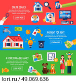 Rent and tenancy banner set. Rent and tenancy horizontal banner set with online property search flat elements isolated vector illustration. Стоковая иллюстрация, агентство Ingram Publishing / Фотобанк Лори