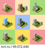 A set of isometric urban neighborhoods with high-rise buildings. Стоковая иллюстрация, агентство Ingram Publishing / Фотобанк Лори