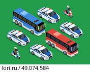 Isometric police motorcade car flat design. 3D police guard, motorcade escort, policeman on motorcycle, 3d cortege police car police protection, motorbike police patrol, transport famous safeguard. Стоковая иллюстрация, агентство Ingram Publishing / Фотобанк Лори