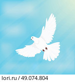White dove soars in space design flat. White dove flying, white bird, white dove isolated, bird dove, white pigeon, dove feather, nature wing dove, free flight dove, soaring pigeon illustration. Стоковая иллюстрация, агентство Ingram Publishing / Фотобанк Лори