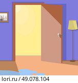 Light from open door interior design. Door open welcome, doorway and interior home, entrance door to room, indoor way, enter door open, entering door empty, water pool, wet floor illustration. Стоковая иллюстрация, агентство Ingram Publishing / Фотобанк Лори