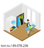 Household Chore Ironing Isometric Pictogram Banner. Household processional help for working women isometric pictogram with ironing and cleaning service at work abstract vector illustration. Стоковая иллюстрация, агентство Ingram Publishing / Фотобанк Лори