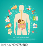 Digestive System Diseases Illustration . Digestive system diseases with human body on green background flat vector illustration . Стоковая иллюстрация, агентство Ingram Publishing / Фотобанк Лори