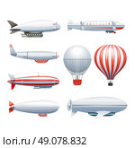 Dirigible Airship White Red Icons Set . Dirigible and hot air balloons airships in flight icons collection  white red abstract isolated vector illustration . Стоковая иллюстрация, агентство Ingram Publishing / Фотобанк Лори