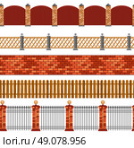 Fence Seamless Border Set. Vector illustration of horizontal seamless set of flat isolated fences and borders on white background. Стоковая иллюстрация, агентство Ingram Publishing / Фотобанк Лори