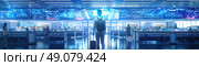 A person walks through a futuristic airport terminal with digital displays showing flight information and other data. The interior is sleek and modern with blue and white lighting. Стоковое AI-изображение, AI-художник Данила Большаков / Фотобанк Лори