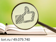 Approved information with a pencil drawing of a thumbs up icon in a magnifying glass. Стоковое фото, агентство Ingram Publishing / Фотобанк Лори