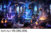 A dimly lit room with gothic windows filled with potions and magical ingredients. Cauldrons bubble with glowing liquids, emitting mystical energy. Стоковое AI-изображение, AI-художник Данила Большаков / Фотобанк Лори