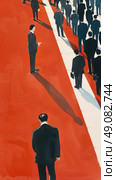 An illustration of a man standing alone on a red carpet, while a line of men stand on a white carpet opposite him. Стоковое AI-изображение, AI-художник Данила Большаков / Фотобанк Лори