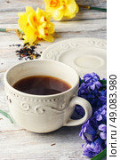 Cup of tea on saucer and fresh flowers tulips and daffodils. Tea and flowers. Стоковое фото, агентство Ingram Publishing / Фотобанк Лори