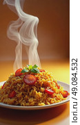 Glossy 3D icon of steaming plate of biryani with aromatic swirls rising above rice in cartoon style. Eid al-Adha, Kurban Bayram, Islamic holiday, sacrifice tradition, family celebration, Muslim feast. Стоковое AI-видео, аниматор Sergey Grishin / Фотобанк Лори