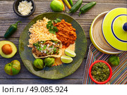 Mexican carnitas tacos with salsa and Mexico food ingredients. Стоковое фото, агентство Ingram Publishing / Фотобанк Лори