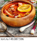 Dish of Russian cuisine-beef stew. Traditional Solyanka with smoked meats in wooden plate. Стоковое фото, агентство Ingram Publishing / Фотобанк Лори