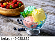 fruit ice cream. Bowl with fruit ice cream scattered on background of blueberries. Стоковое фото, агентство Ingram Publishing / Фотобанк Лори