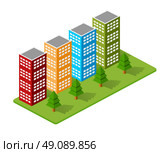 Isometric houses, town houses, skyscrapers and streets made in perspective projection for design sites, business portals and real estate agencies. Стоковая иллюстрация, агентство Ingram Publishing / Фотобанк Лори