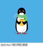 Animal penguin design flat. Bird penguin vector, cartoon polar animal winter isolated, penguin in scarf, wild penguin character with scarf and cup illustration. Стоковая иллюстрация, агентство Ingram Publishing / Фотобанк Лори