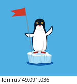 Animal penguin design flat. Bird penguin vector, cartoon polar animal winter isolated, wild character illustration. Penguin holding a red flag. Стоковая иллюстрация, агентство Ingram Publishing / Фотобанк Лори