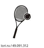Monochrome black silhouettes racket and ball icon logo for tennis isolated on white background. Hobby activity sport game, combinated equipment racquet and ball symbol for tennis. Vector illustration. Стоковая иллюстрация, агентство Ingram Publishing / Фотобанк Лори
