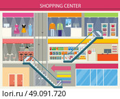 Shopping Center Storefronts Design Flat. Shopping center storefronts design. Large shopping center with clothing stores and trendy bags on the second floor. Downstairs grocery supermarket with food cashier for payment Vector illustration. Стоковая иллюстрация, агентство Ingram Publishing / Фотобанк Лори