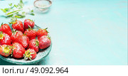 Blue bowl with garden organic Strawberries on  turquoise shabby chic background, place for text, banner. Стоковое фото, агентство Ingram Publishing / Фотобанк Лори