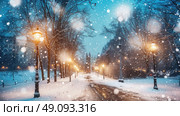 A snowy evening street scene with illuminated lamp posts lining the sides of a snow-covered path. The path leads to a distant church, and the falling snow creates a magical atmosphere. Стоковое AI-изображение, AI-художник Данила Большаков / Фотобанк Лори