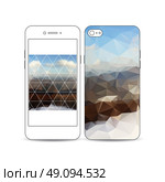Mobile smartphone with an example of the screen and cover design isolated on white background. Colorful polygonal backdrop, blurred background, mountain landscape, modern triangle vector texture. Стоковая иллюстрация, агентство Ingram Publishing / Фотобанк Лори