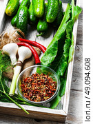 Fresh pickling cucumbers. Wooden box with cucumbers and vegetables prepared for seaming. Стоковое фото, агентство Ingram Publishing / Фотобанк Лори
