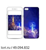 Mobile smartphone with an example of the screen and cover design isolated on white background. Dark polygonal background, blurred image, night city landscape, Paris cityscape, triangular texture. Стоковая иллюстрация, агентство Ingram Publishing / Фотобанк Лори