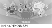 Finance Concept Banner Design Flat. Finance concept banner design flat. Pig piggy bank with gold dollar coins. Financial documents credit card calculator. Conceptual monochrome banner with finances to pay for items. Vector illustration. Стоковая иллюстрация, агентство Ingram Publishing / Фотобанк Лори