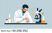A scientist in a lab coat writes down his research findings in a notebook while using a microscope. Стоковое AI-изображение, AI-художник Данила Большаков / Фотобанк Лори