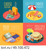 Travel Vintage 4 Isometric Icons Square. Summer vacation 4 Isometric vintage icons square composition with travel agent advertisement text poster abstract isolated vector illustration. Стоковое фото, агентство Ingram Publishing / Фотобанк Лори
