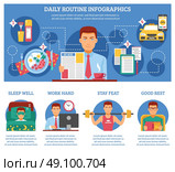 Man Daily Routine Infographics. Man daily routine infographics with descriptions of sleep wall work hard stay feat and good rest vector illustration. Стоковая иллюстрация, агентство Ingram Publishing / Фотобанк Лори