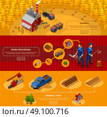 Lumberjack Isometric Horizontal Banners. Lumberjack isometric horizontal banners set of sawmill composition with trucks and advertising of tools for work processing flat vector illustration  . Стоковая иллюстрация, агентство Ingram Publishing / Фотобанк Лори