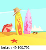 Surf On Sand Retro Illustration. Retro cartoon color illustration couple of bright serf on sand beach vector illustration . Стоковая иллюстрация, агентство Ingram Publishing / Фотобанк Лори