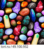 Crystals Stones Rocks Seamless Pattern. Seamless pattern with shiny crystals stones and rocks of various shape size and color on black background cartoon vector illustration. Стоковая иллюстрация, агентство Ingram Publishing / Фотобанк Лори