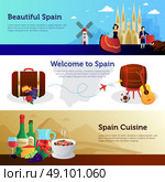 Spain Welcome Travelers Banners Set . Welcome to spain informative colorful horizontal banners set for travelers with national food and landmarks vector illustration . Стоковая иллюстрация, агентство Ingram Publishing / Фотобанк Лори