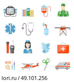 Paramedic Flat Colored Decorative Icons. Paramedic flat colored decorative icons set with  medicine chest device for pressure measuring handcart on wheels isolated vector illustration. Стоковая иллюстрация, агентство Ingram Publishing / Фотобанк Лори