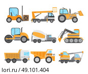 Machines for construction work set. Special machines for loading and lifting cargo to transport heavy objects, to pits and dripping Lifter concrete products for construction. Vector illustration. Стоковая иллюстрация, агентство Ingram Publishing / Фотобанк Лори