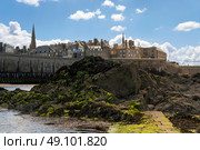 View of the fortress city of Saint-Malo on the English Channel and the ocean floor exposed at low tide on a sunny summer day, Brittany, France. Стоковое фото, фотограф Ula Ulachka / Фотобанк Лори