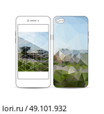 Mobile smartphone with an example of the screen and cover design isolated on white background. Colorful polygonal background, blurred image, airport landscape, modern stylish triangular vector texture. Стоковая иллюстрация, агентство Ingram Publishing / Фотобанк Лори
